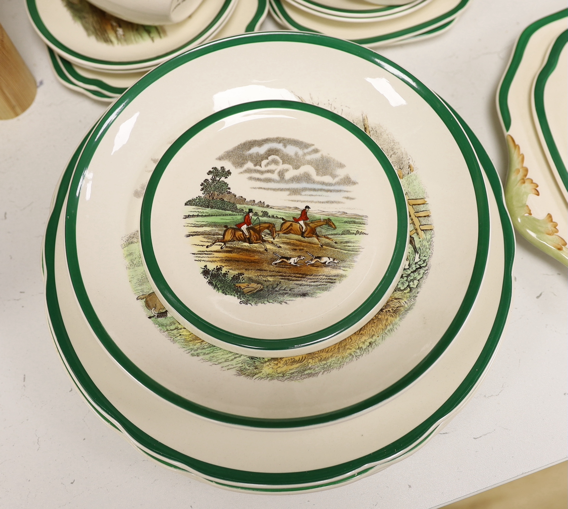 A Copeland Spode hunting pattern tea / coffee set including coffee pot, tea pot and trios, together with a Bavarian floral porcelain coffee pot, largest 22cm high